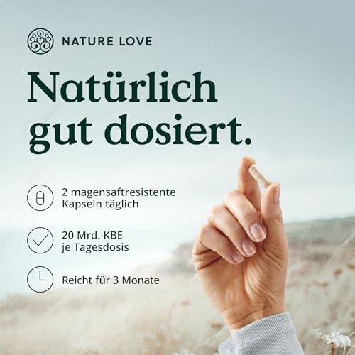 NATURE LOVE® Probiona Komplex - 20 Bakterienstämme + Bio Inulin - 180 magensaftresistente Kapseln - 2X hochdosiert: 20 Mrd KBE je Tagesdosis - Vegan, in Deutschland produziert - 4