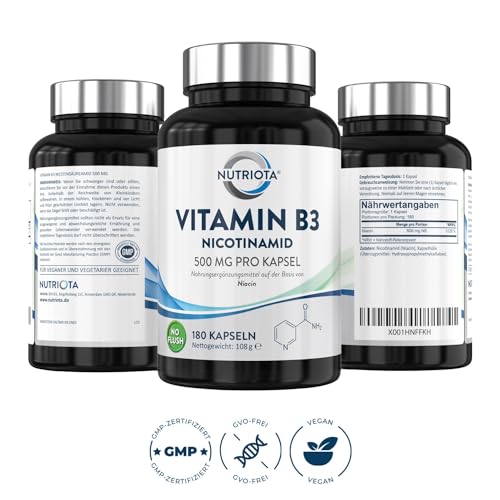 Vitamin B3 Nicotinamid 500 mg – 180 Hochdosiert Niacin-Kapseln ohne Flushing-Effekt (Flush Free) – Veganes Nicotinsäureamid Vitamin B3 - 2