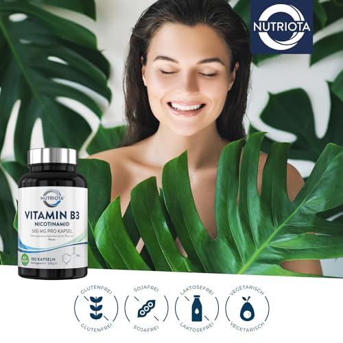 Vitamin B3 Nicotinamid 500 mg – 180 Hochdosiert Niacin-Kapseln ohne Flushing-Effekt (Flush Free) – Veganes Nicotinsäureamid Vitamin B3 - 3
