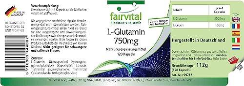 Fairvital | L-Glutamin Kapseln 750mg - HOCHDOSIERT - VEGAN - 120 Kapseln - freie Form der Aminosäure - 6