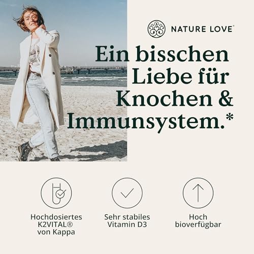 NATURE LOVE® Vitamin D3 + K2 (50ml flüssig) - Hoch bioverfügbar durch Original K2VITAL® 99,7% All-Trans + laborgeprüfte 1000 I.E. Vitamin D3 pro Tropfen - Hochdosiert, in Deutschland produziert - 3