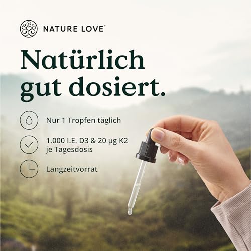 NATURE LOVE® Vitamin D3 + K2 (50ml flüssig) - Hoch bioverfügbar durch Original K2VITAL® 99,7% All-Trans + laborgeprüfte 1000 I.E. Vitamin D3 pro Tropfen - Hochdosiert, in Deutschland produziert - 4